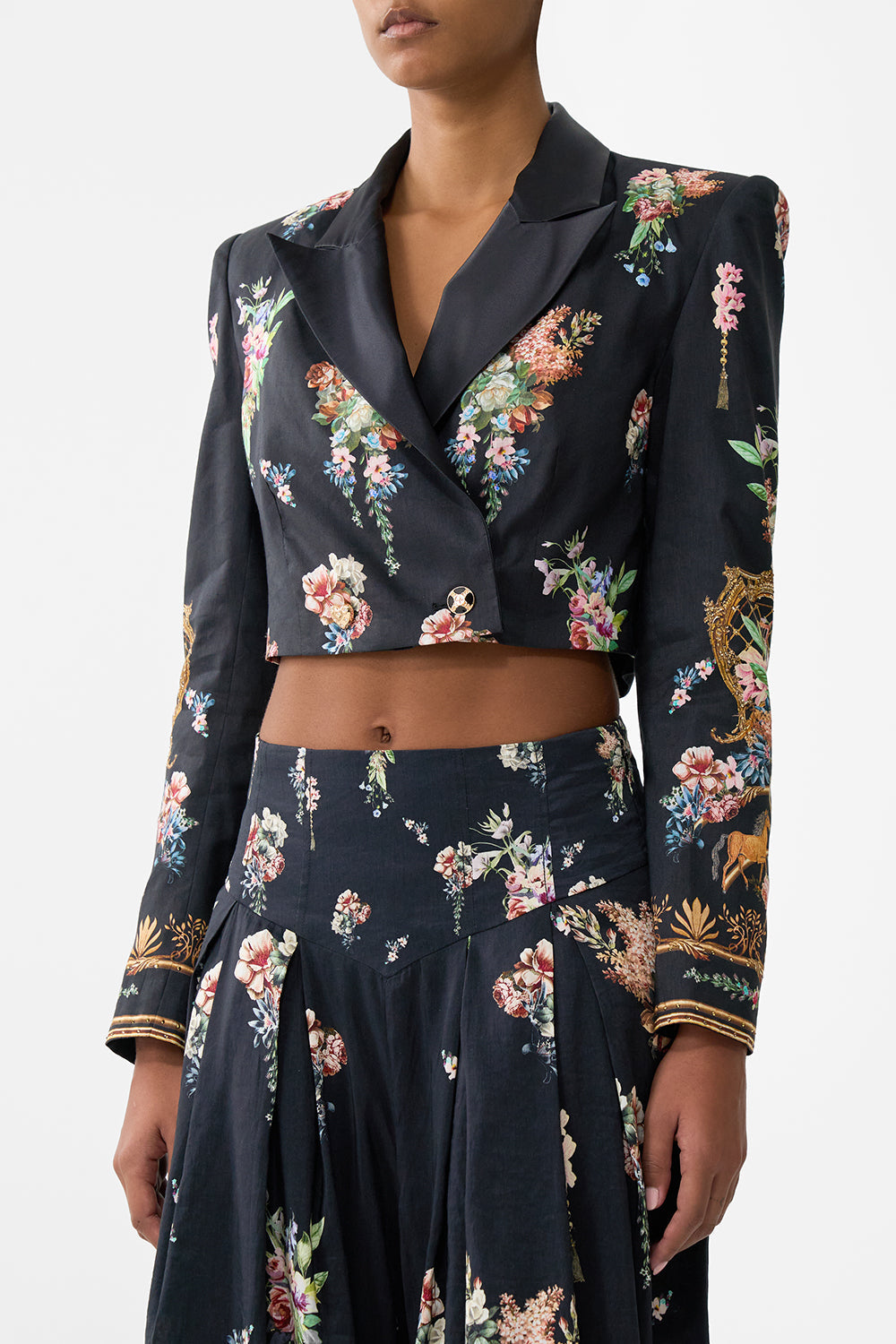 The CAMILLA Cropped Tailored Double Breasted Jacket in our Noble Endeavours print.