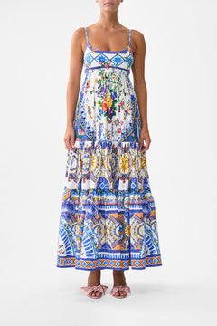 The CAMILLA Long Dress With Jersey Bodice in our Tiles Darls print.