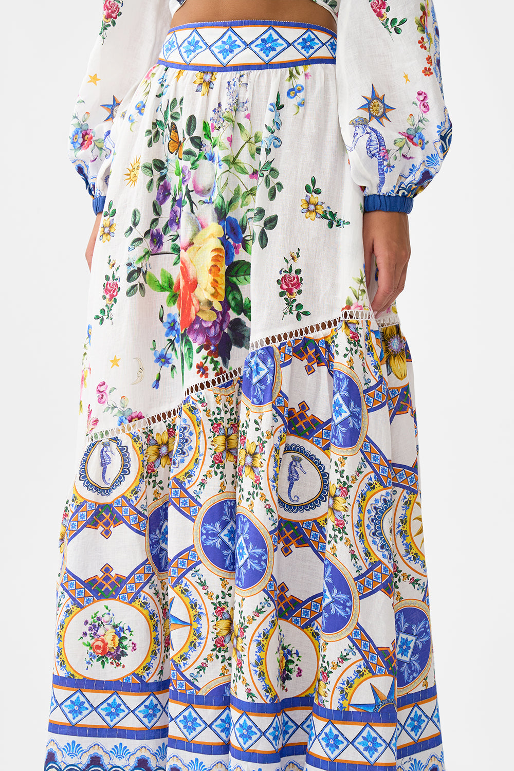 The CAMILLA Skirt With Shaped Seam in our Tiles Darls print.