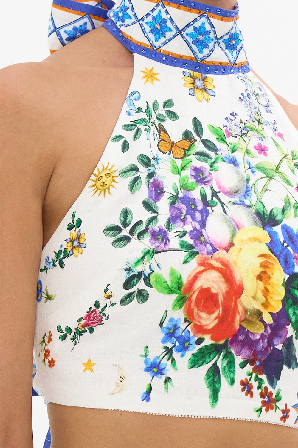 The CAMILLA Halter Tie Back Top in our Tiles Darls print.
