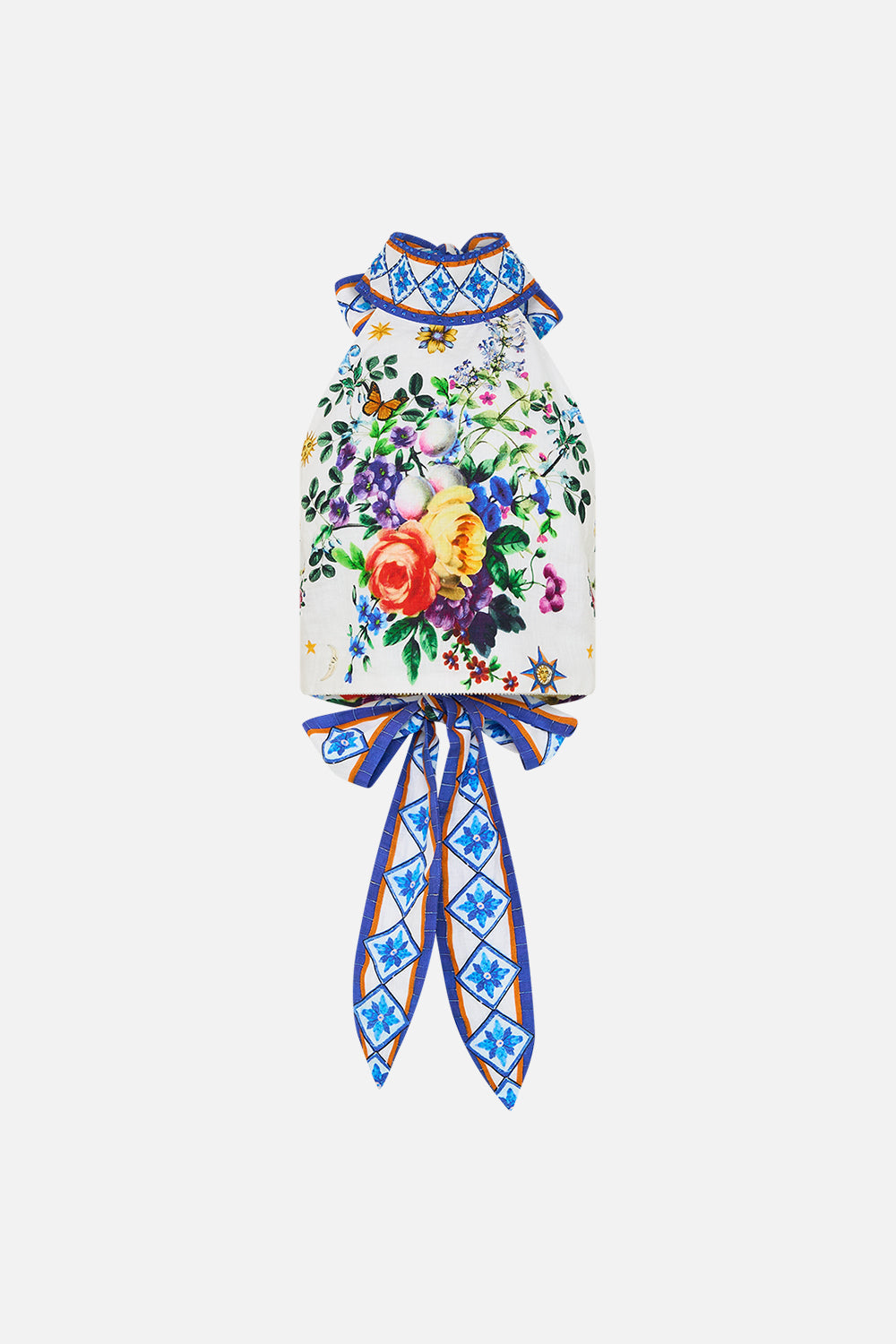The CAMILLA Halter Tie Back Top in our Tiles Darls print.