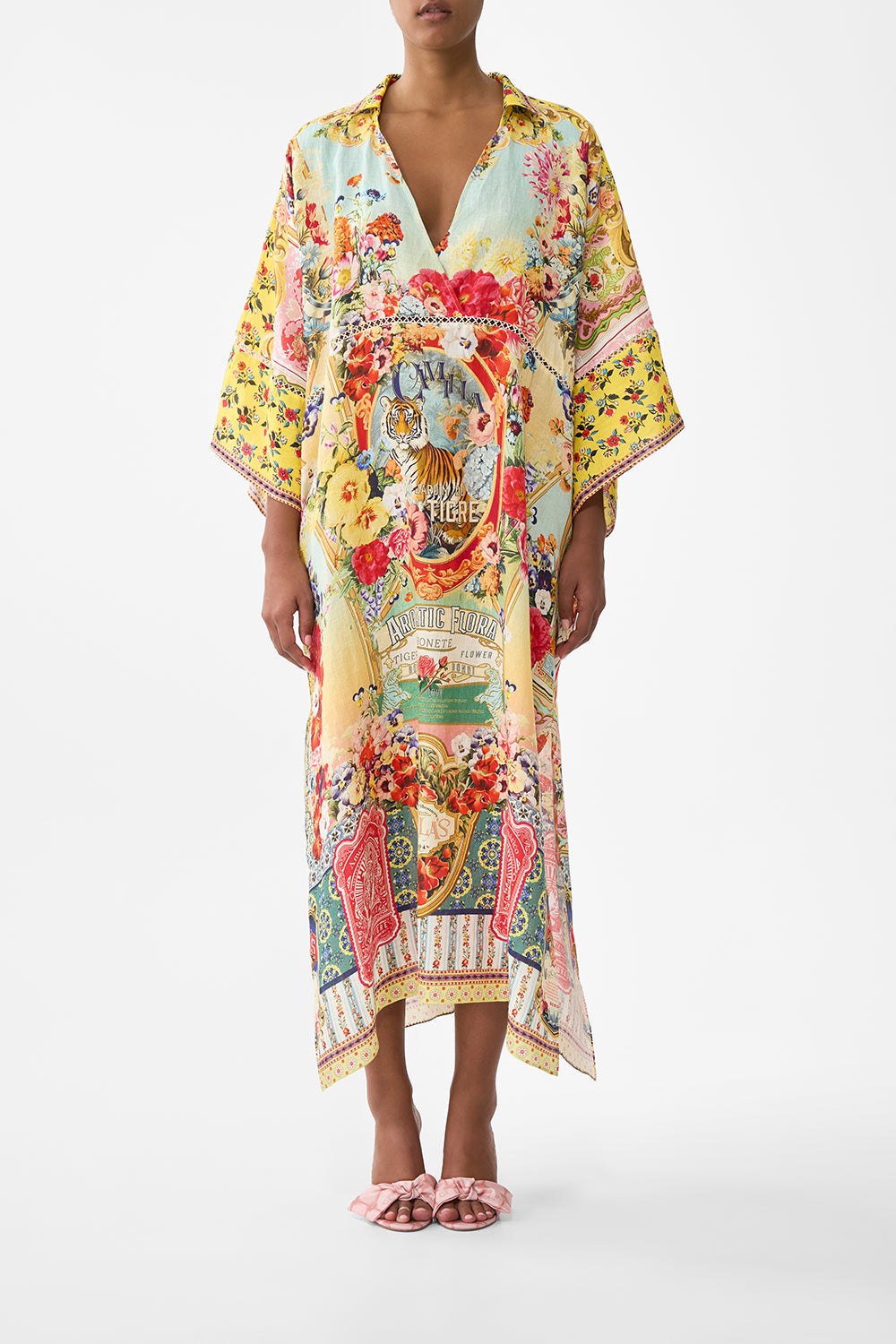 The Aromatic Tiger Flower Deep V Neck Kaftan With Curved Seam