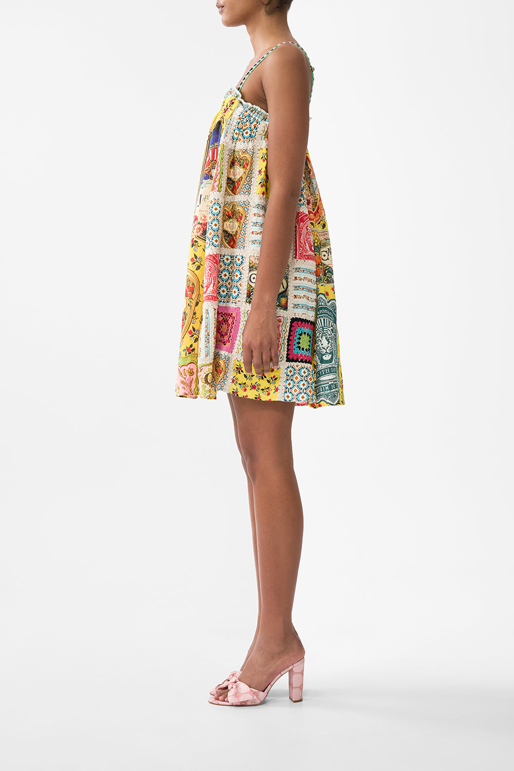 The CAMILLA WIDE STRAP SHORT SUNDRESS AROMATIC TIGER FLOWER in our  print.