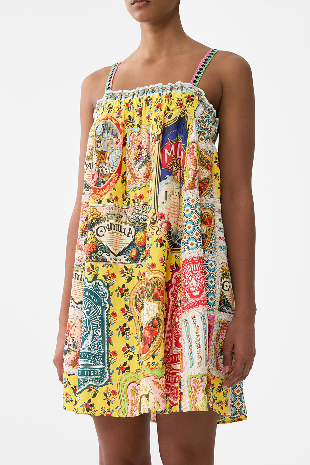 The CAMILLA WIDE STRAP SHORT SUNDRESS AROMATIC TIGER FLOWER in our  print.