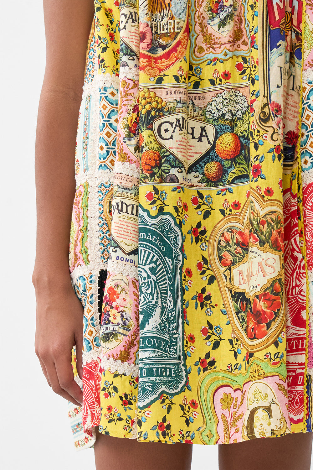 The CAMILLA WIDE STRAP SHORT SUNDRESS AROMATIC TIGER FLOWER in our  print.