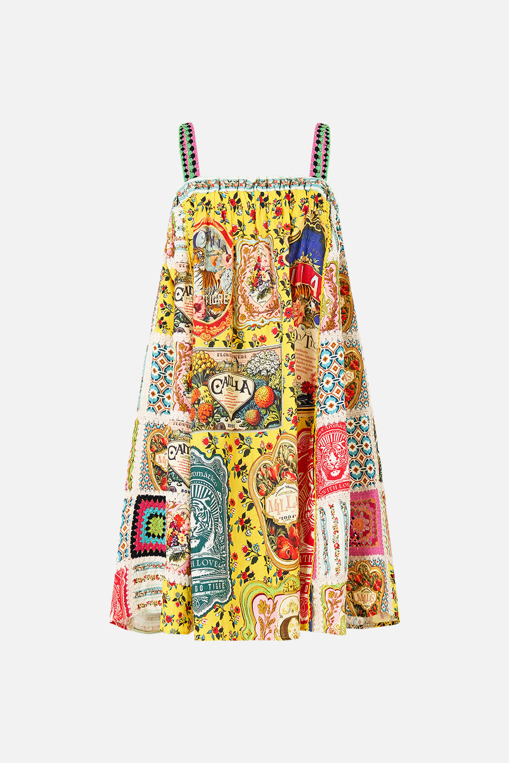 The CAMILLA WIDE STRAP SHORT SUNDRESS AROMATIC TIGER FLOWER in our  print.