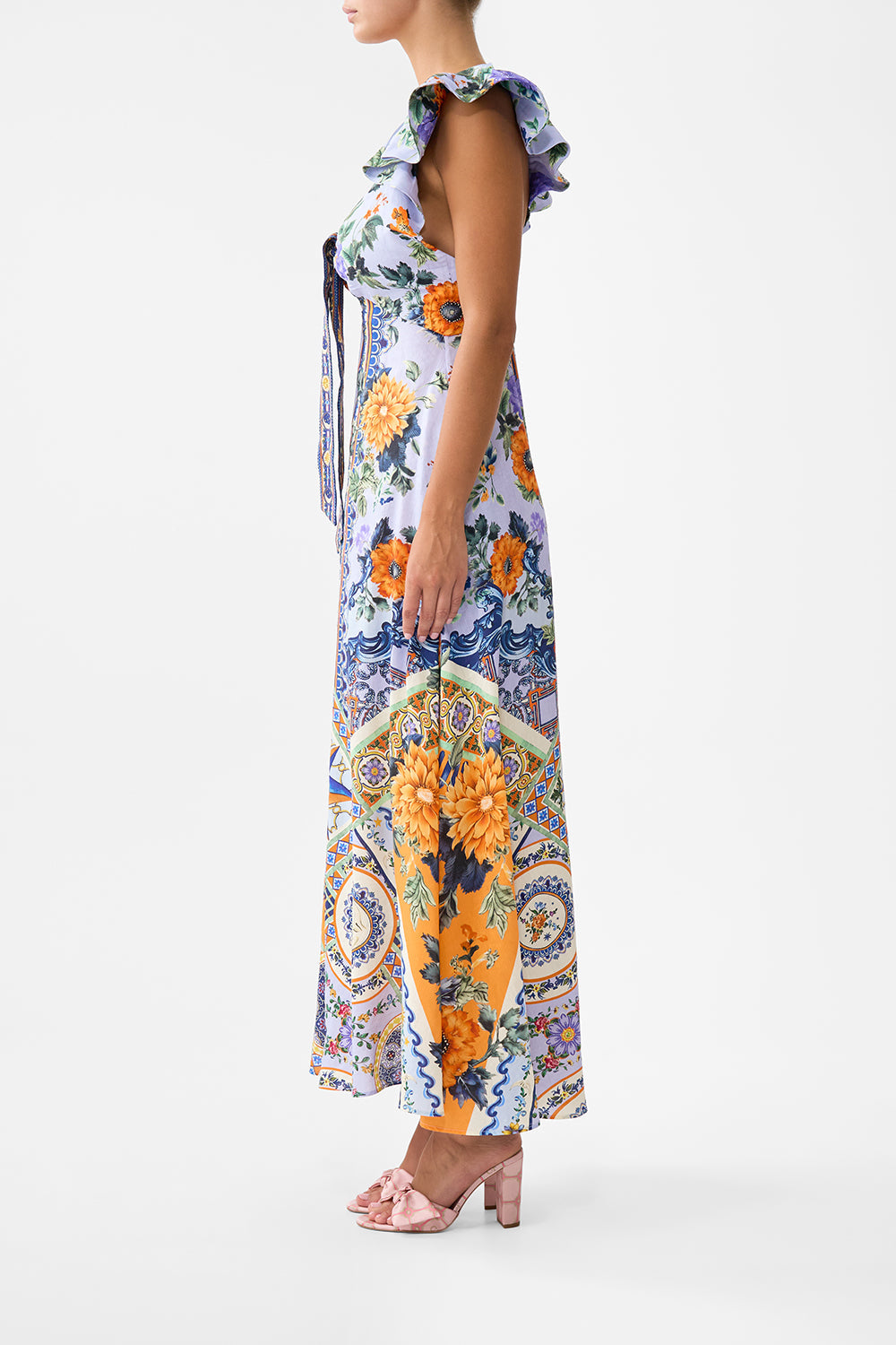 The CAMILLA Tie Front Frill Sleeve Long Dress in our Luscious In Lisbon print.
