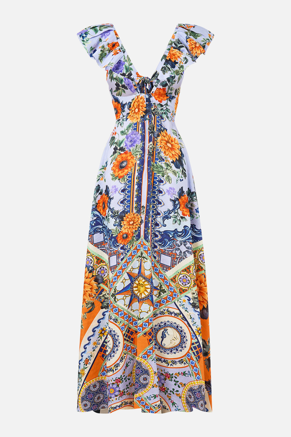 The CAMILLA Tie Front Frill Sleeve Long Dress in our Luscious In Lisbon print.