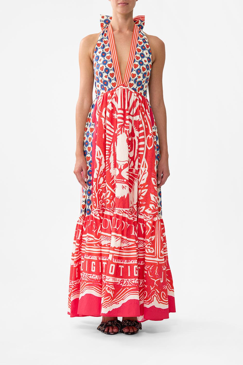 The CAMILLA Ruffle Hem Halter Dress in our Rinse & Roar print.