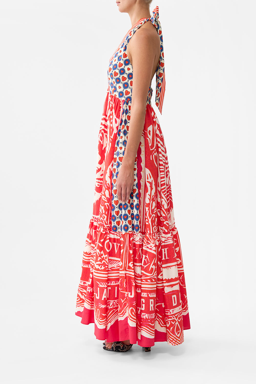 The CAMILLA Ruffle Hem Halter Dress in our Rinse & Roar print.