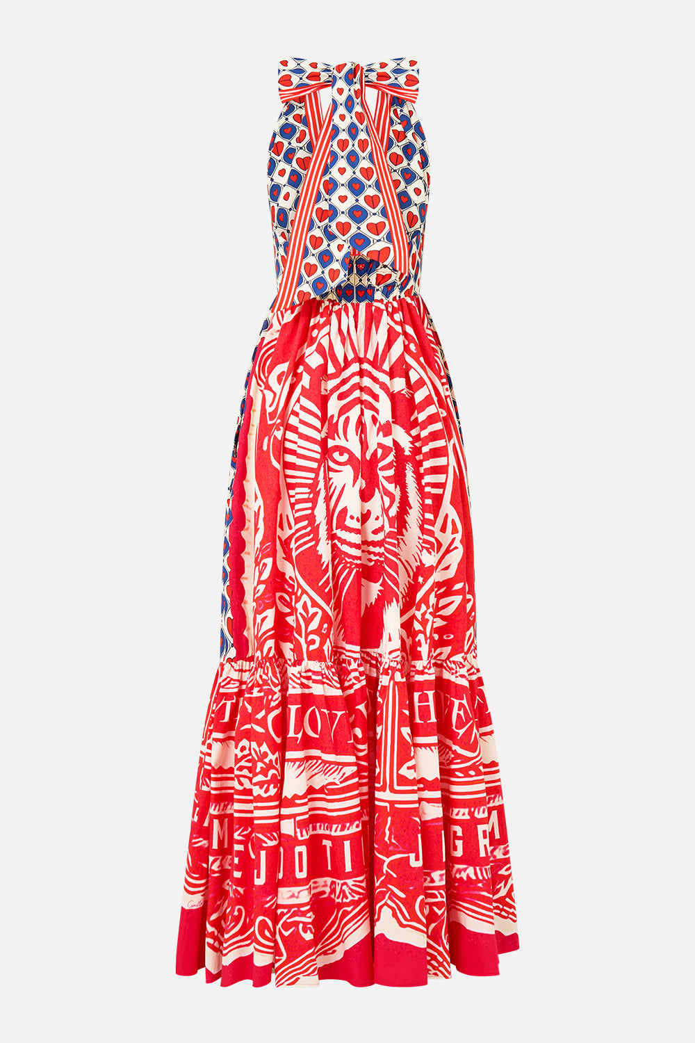 The CAMILLA Ruffle Hem Halter Dress in our Rinse & Roar print.