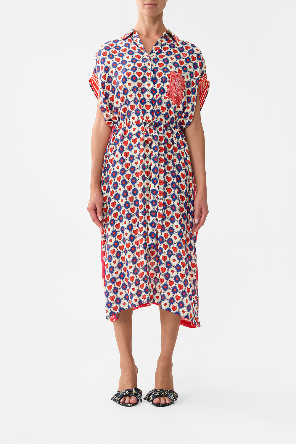 The CAMILLA SLEEVELESS SHIRTDRESS RINSE & ROAR in our RINSE & ROAR print.