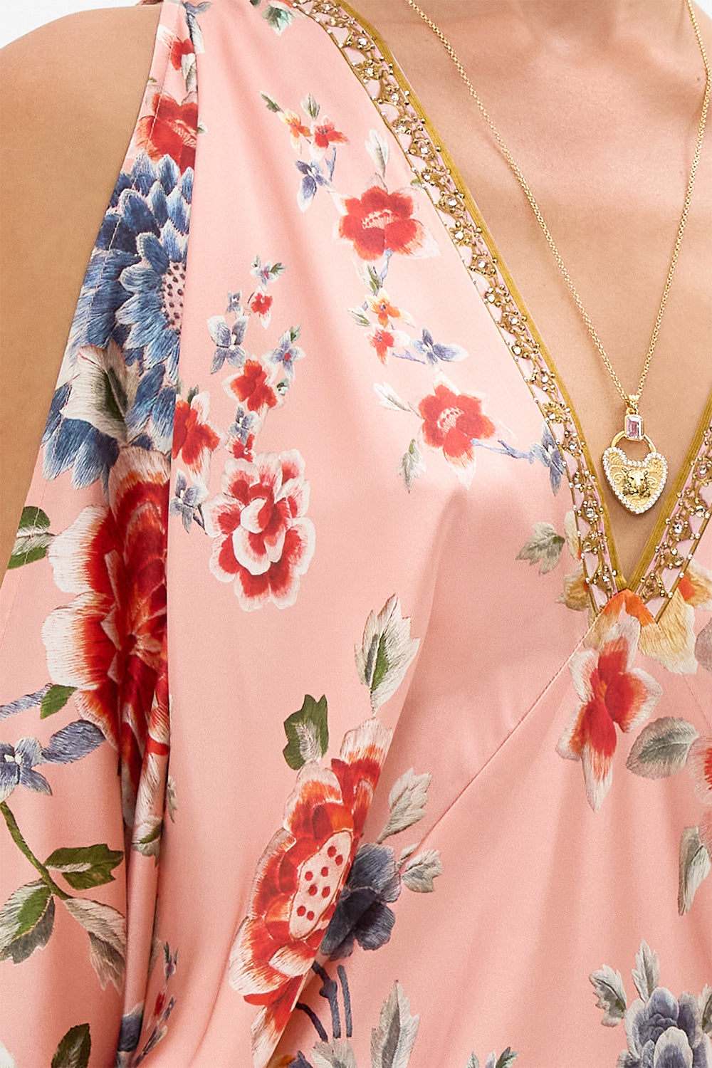 The CAMILLA Plunge Neck Draped Shoulder Dress in our Majestic Milla print.