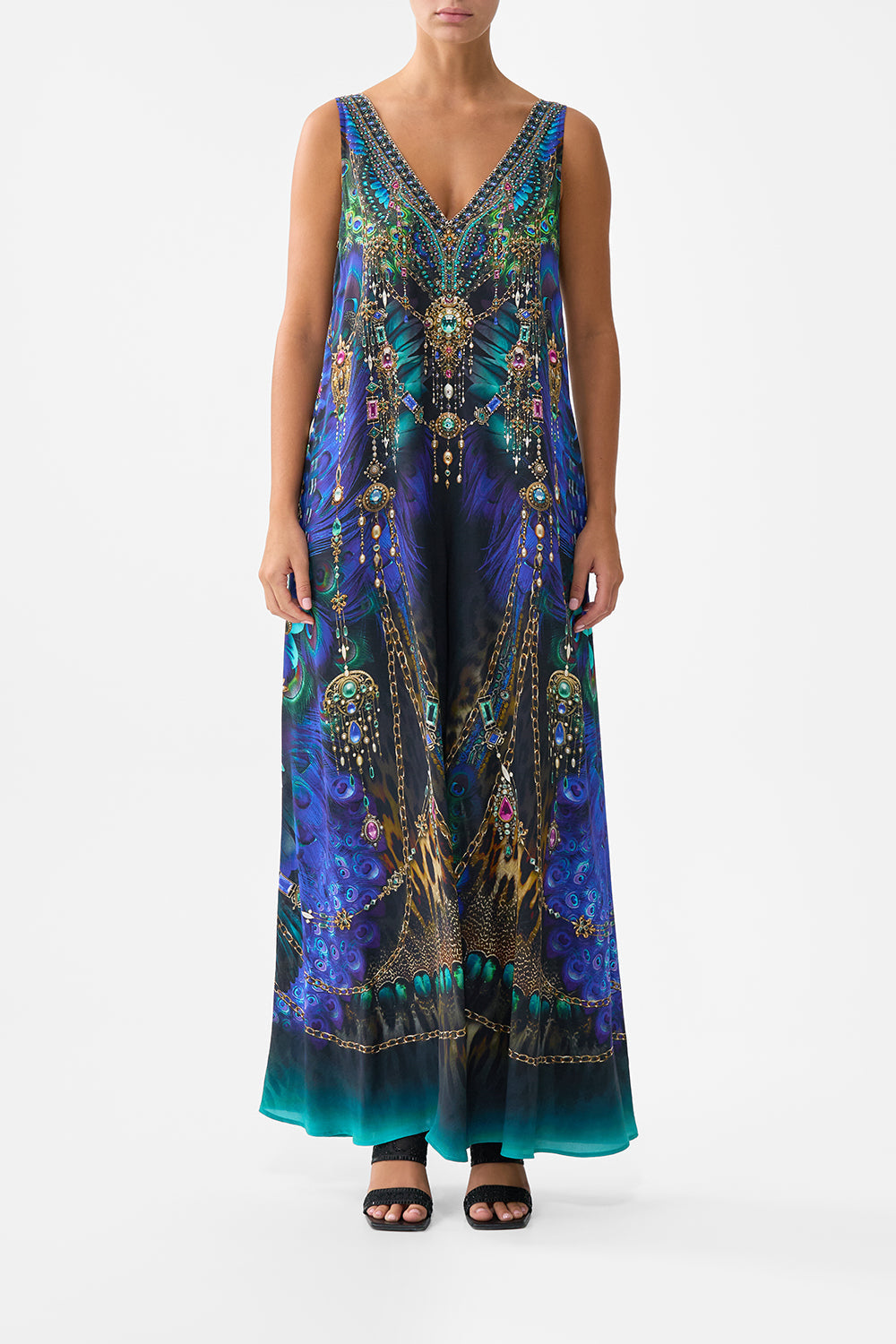 The CAMILLA V Neck Flared Jumpsuit in our Dominican Decadence print.