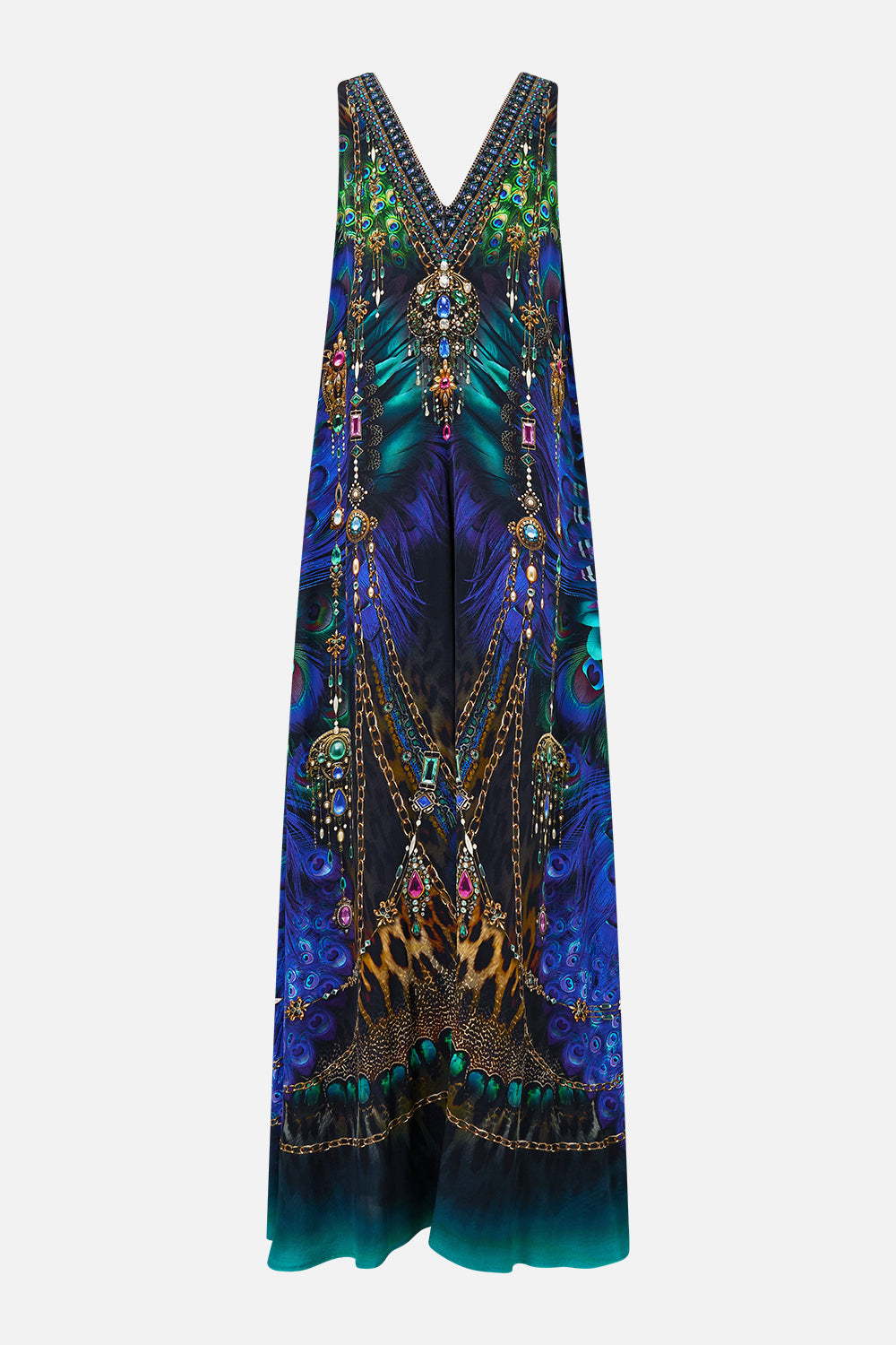 The CAMILLA V NECK FLARED JUMPSUIT DOMINICAN DECADENCE in our  print.