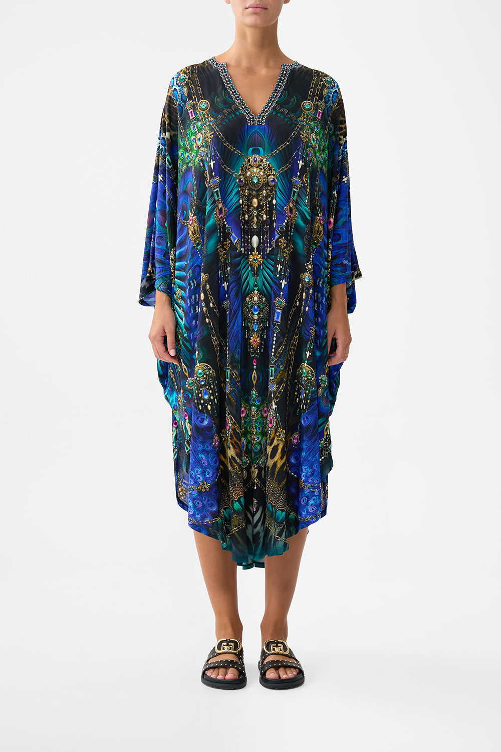 The CAMILLA Jersey Long Kaftan With Rounded Hem in our Dominican Decadence print.