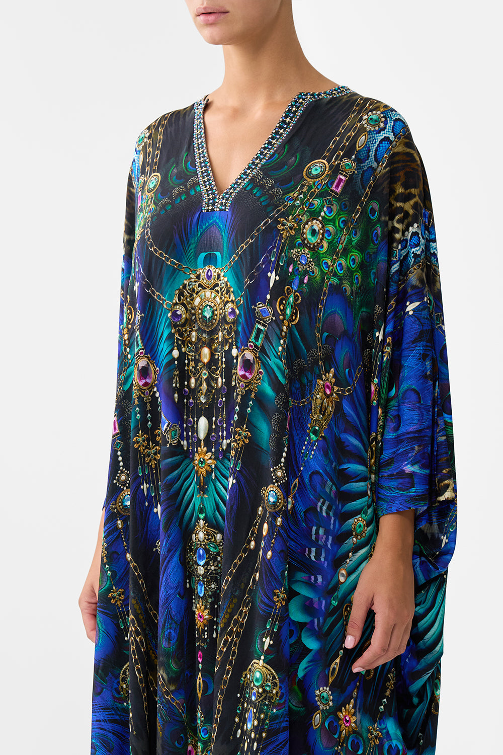 The CAMILLA JERSEY LONG KAFTAN WITH ROUNDED HEM DOMINICAN DECADENCE in our  print.