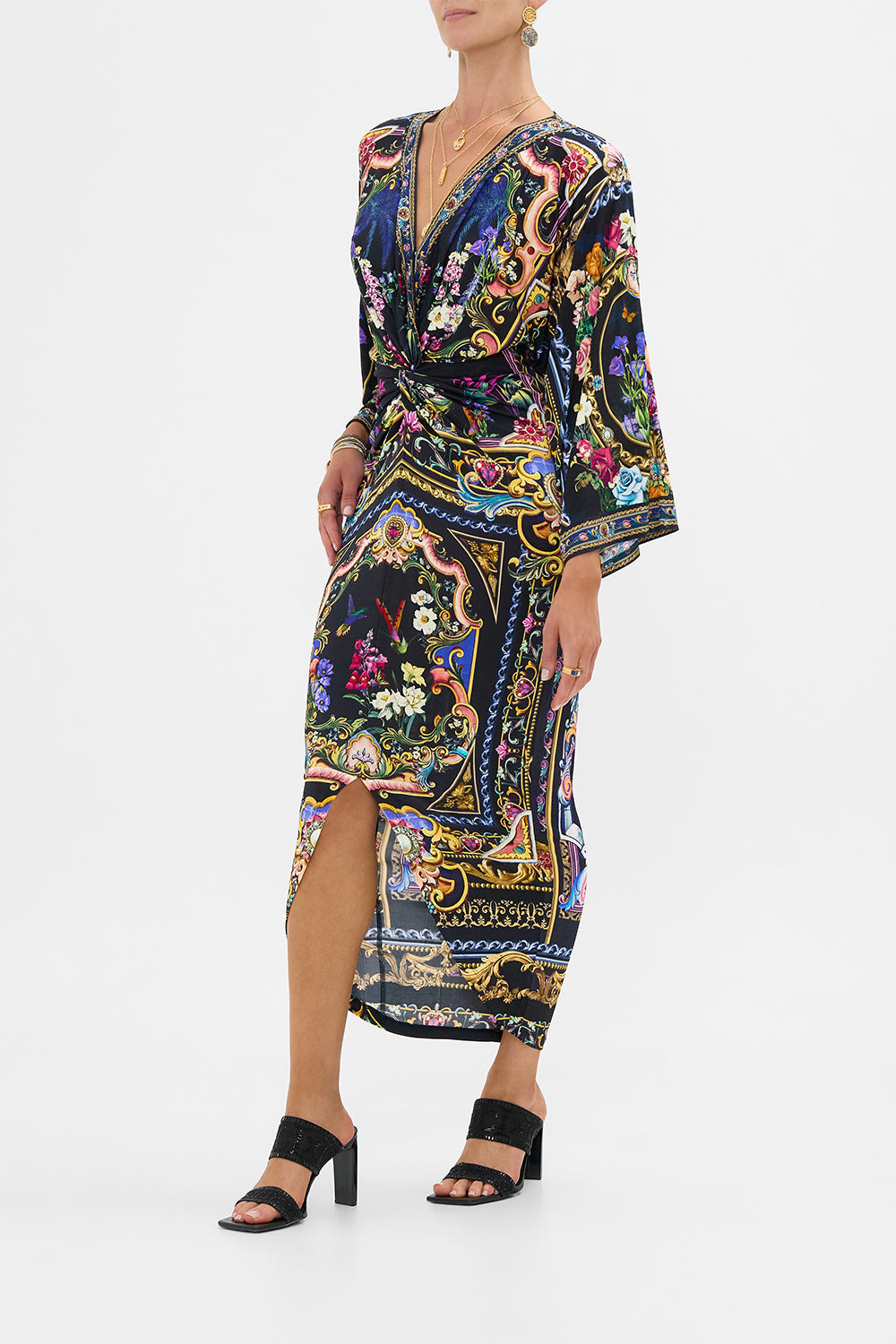 The CAMILLA Long Split Front Twist Dress in our Basked In Baroque print.