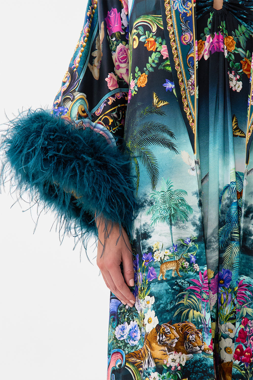 The CAMILLA Long Robe With Narrow Collar And Feathers in our Basked In Baroque print.