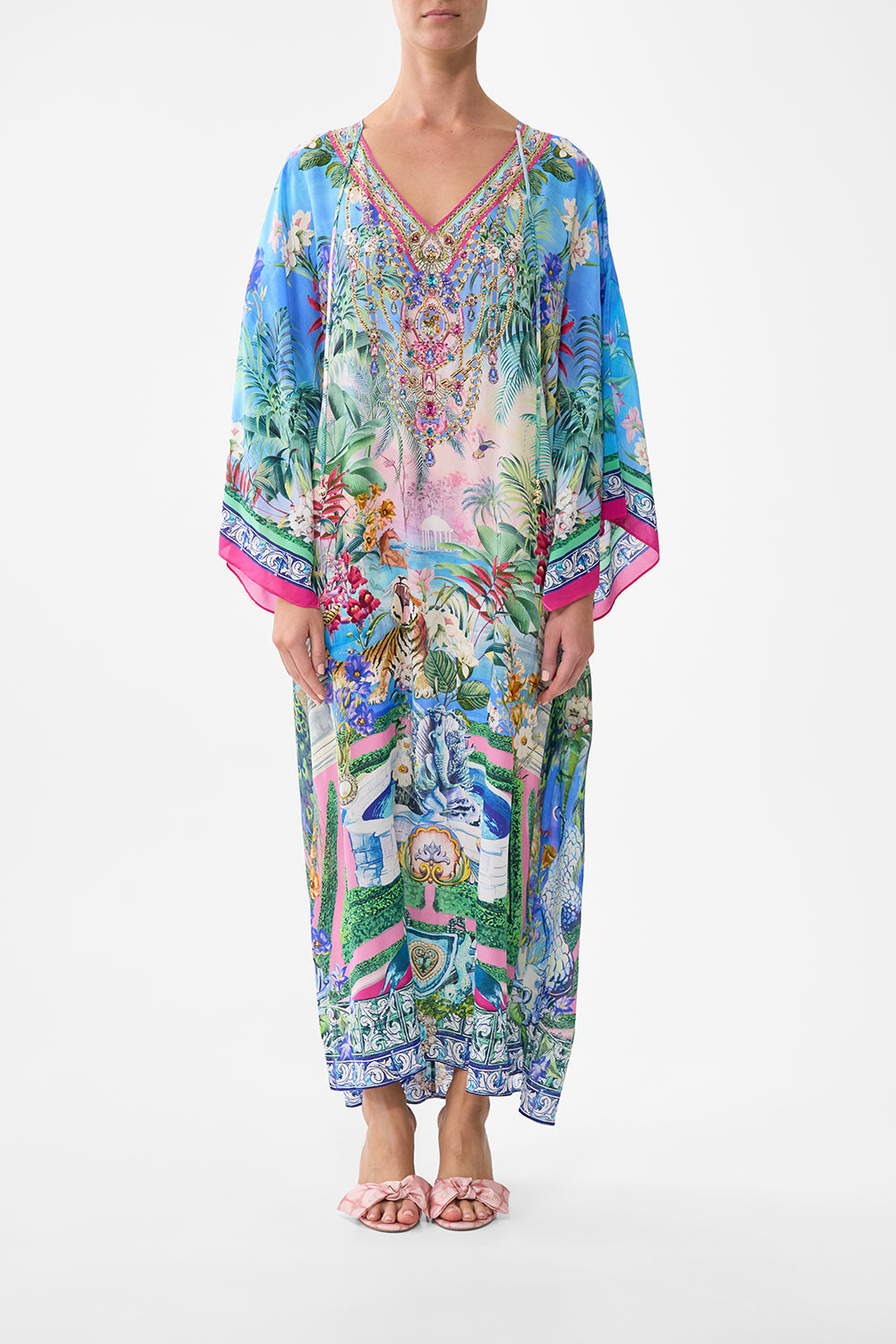 The CAMILLA V Neck Kaftan With Ties in our Spirit Of Santa Maria print.