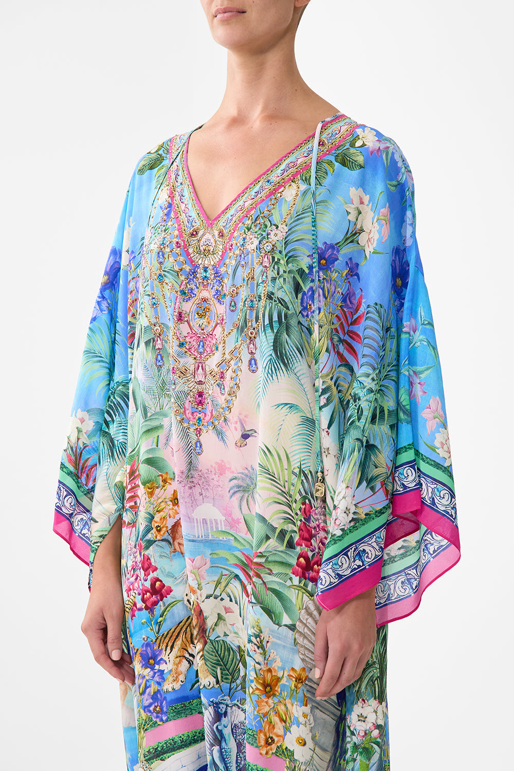 The CAMILLA V Neck Kaftan With Ties in our Spirit Of Santa Maria print.