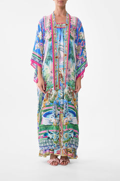 The CAMILLA Kimono Layer With Collar in our Spirit Of Santa Maria print.