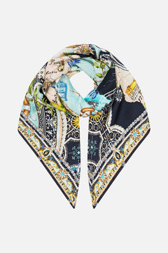The CAMILLA Large Crystalled Silk Square Scarf in our Folk Afloat print.