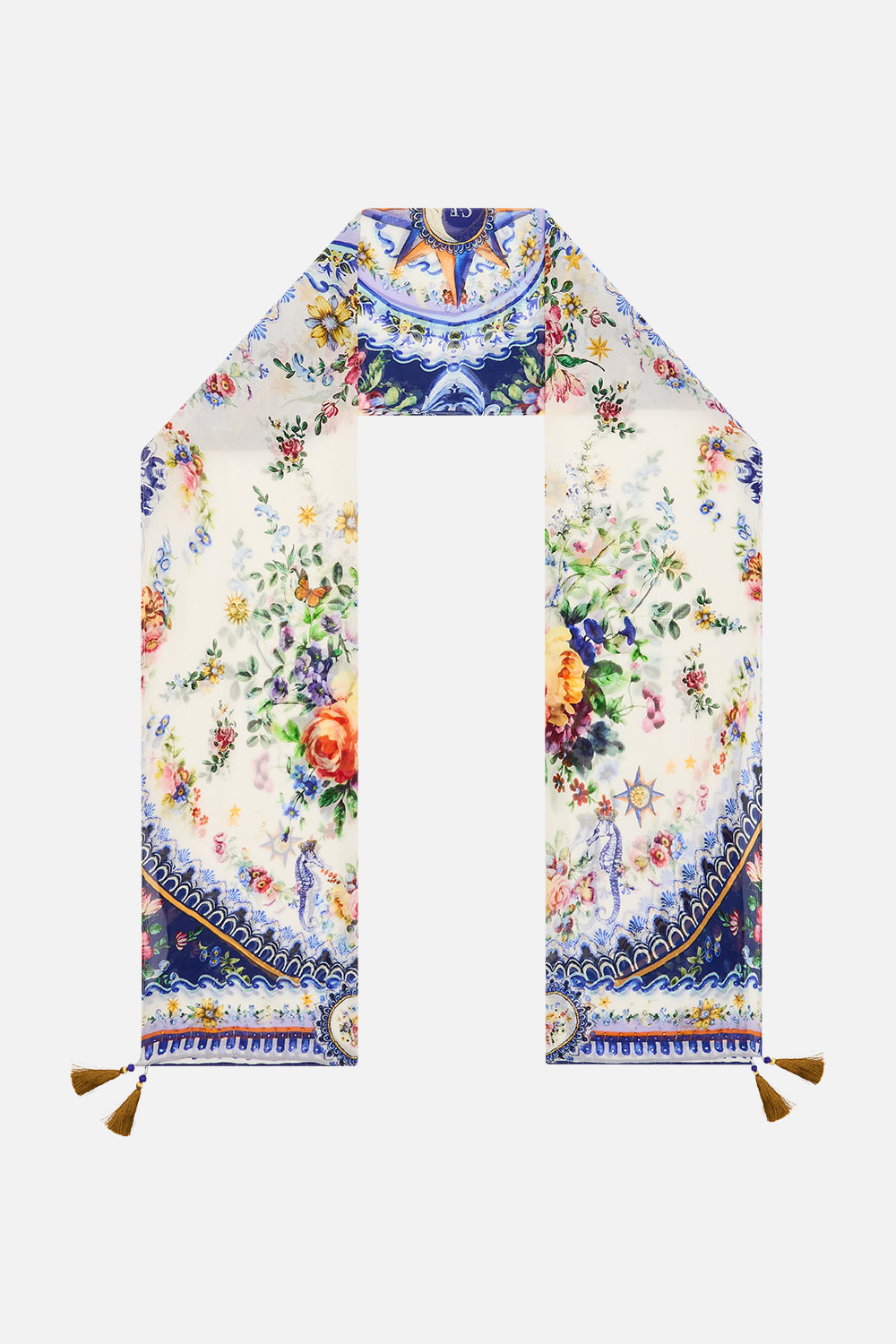 The CAMILLA LONG SILK CRINKLE CHIFFON SCARF TILES DARLS in our TILES DARLS print.