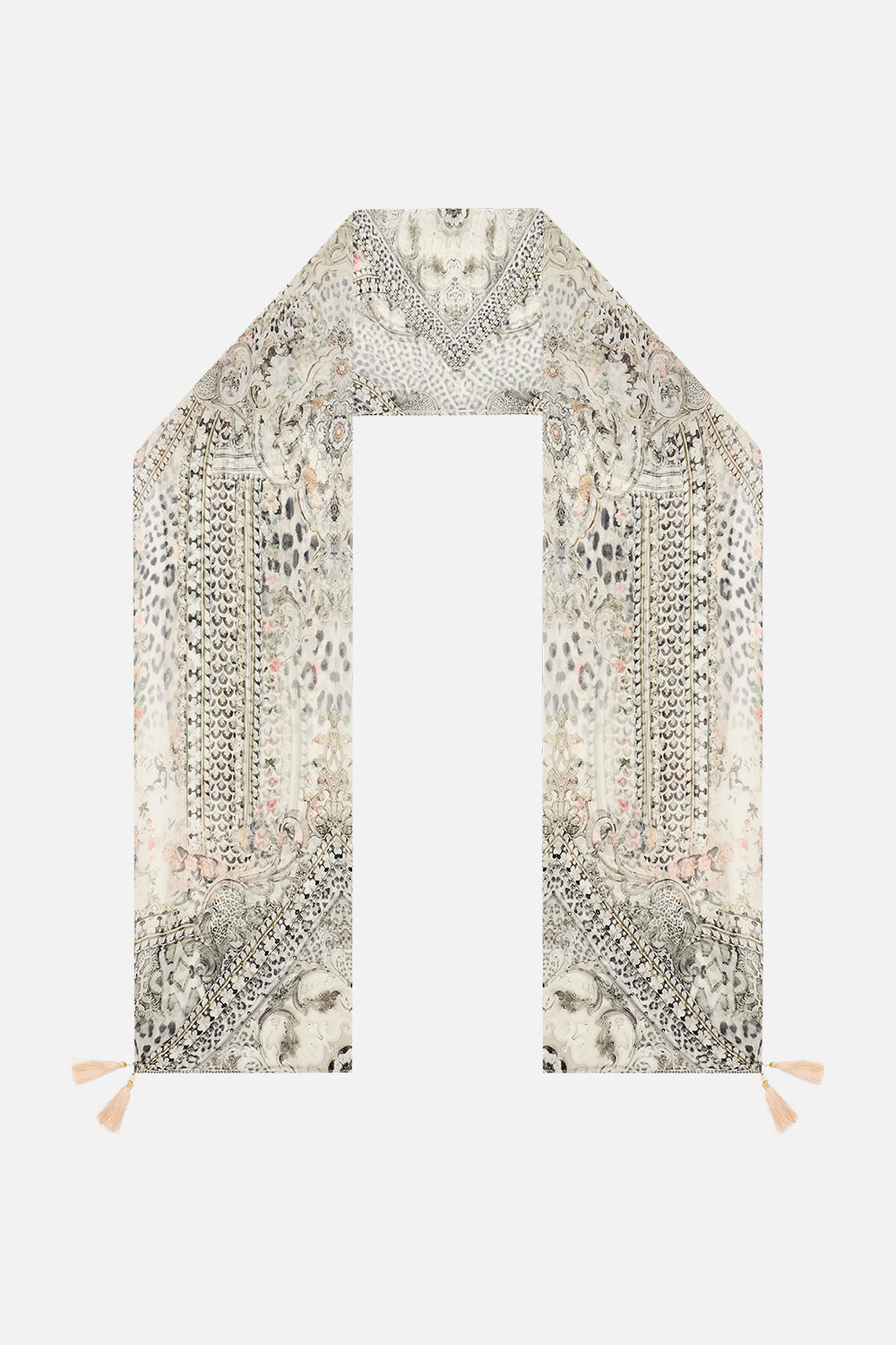 The CAMILLA LONG SILK CRINKLE CHIFFON SCARF MARBLE HEAVEN in our MARBLE HEAVEN print.