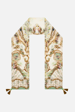 The CAMILLA Long Silk Crinkle Chiffon Scarf in our Dressing Room Drama print.