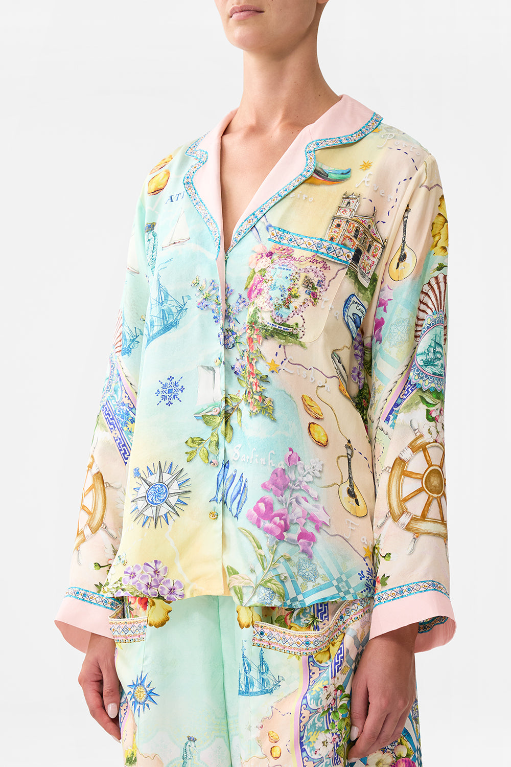The CAMILLA BOXY PYJAMA SHIRT JUST COASTING in our  print.