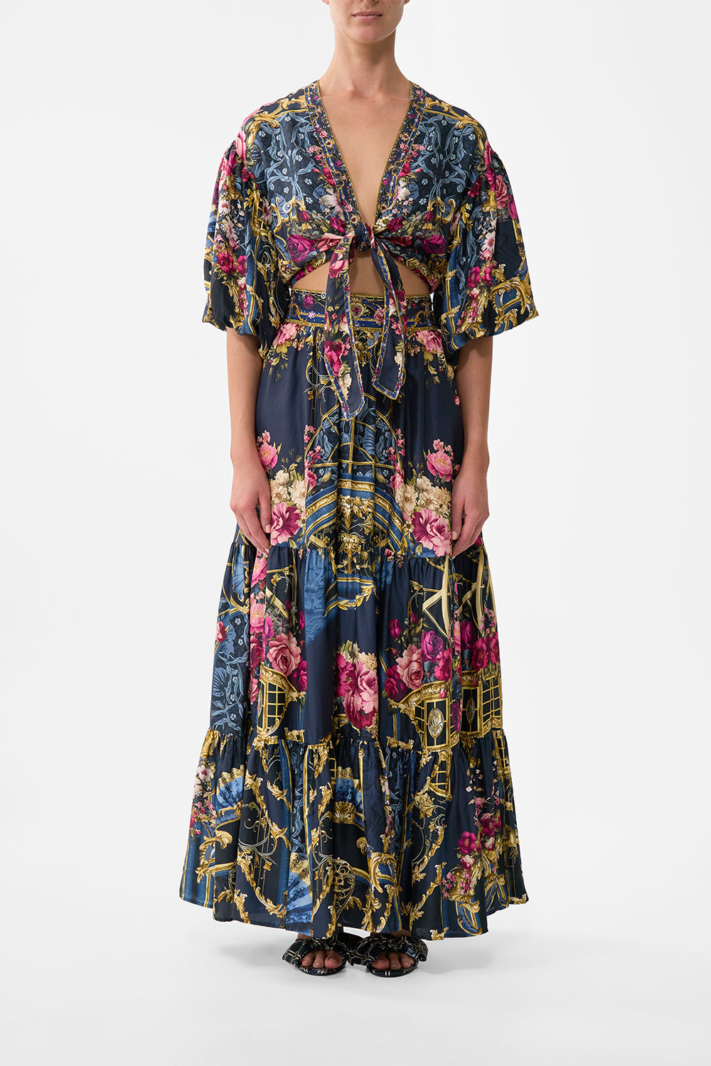 The CAMILLA TIE FRONT PUFF SLEEVE TOP ORNATE ON A PLATE in our ORNATE ON A PLATE print.