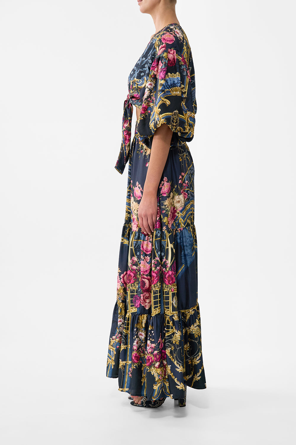 The CAMILLA TIE FRONT PUFF SLEEVE TOP ORNATE ON A PLATE in our  print.