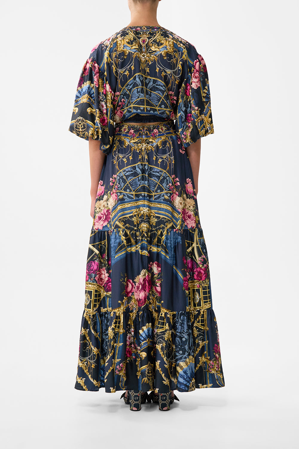 The CAMILLA TIE FRONT PUFF SLEEVE TOP ORNATE ON A PLATE in our  print.