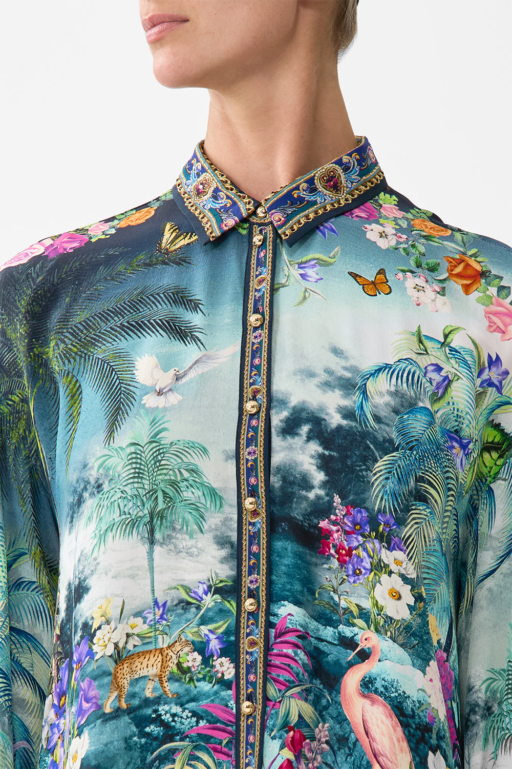 The CAMILLA Long Sleeve Tiered Short Dress in our Basked In Baroque print.