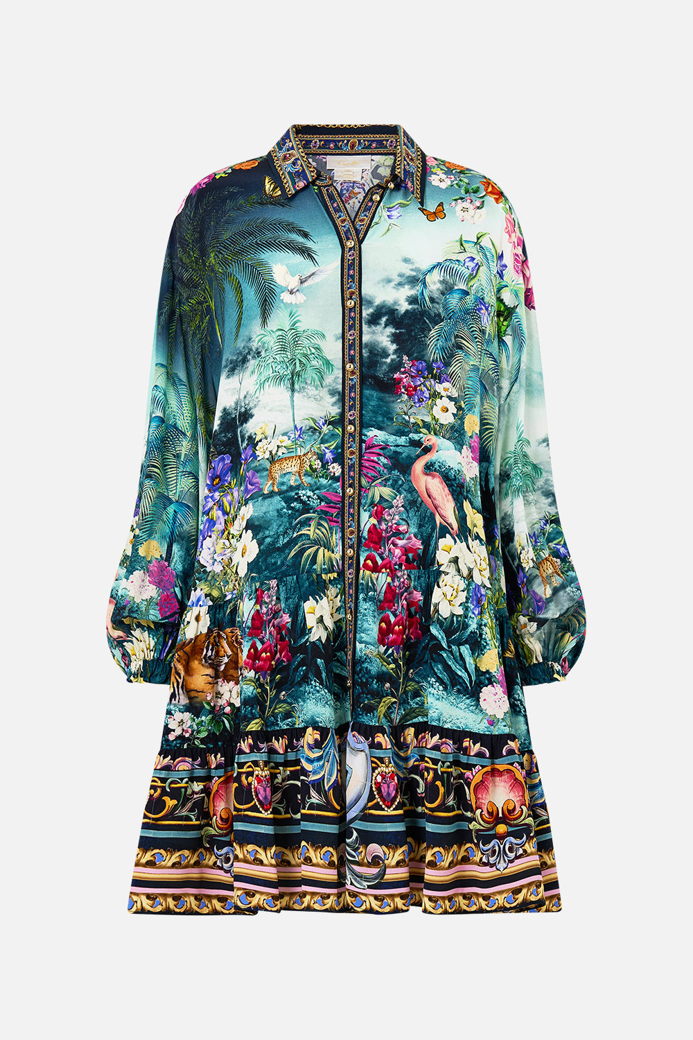 The CAMILLA Long Sleeve Tiered Short Dress in our Basked In Baroque print.