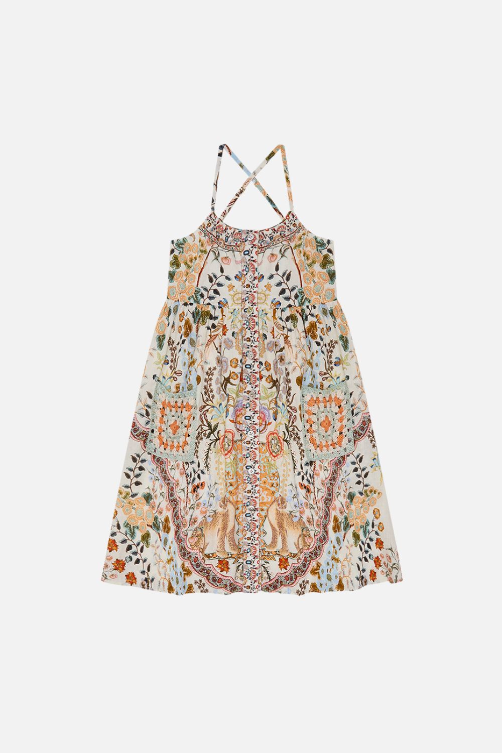 KIDS STRAPPY MIDI DRESS WITH CROCHET POCKETS 12-14 IN HONOUR OF HEIRLOOMS