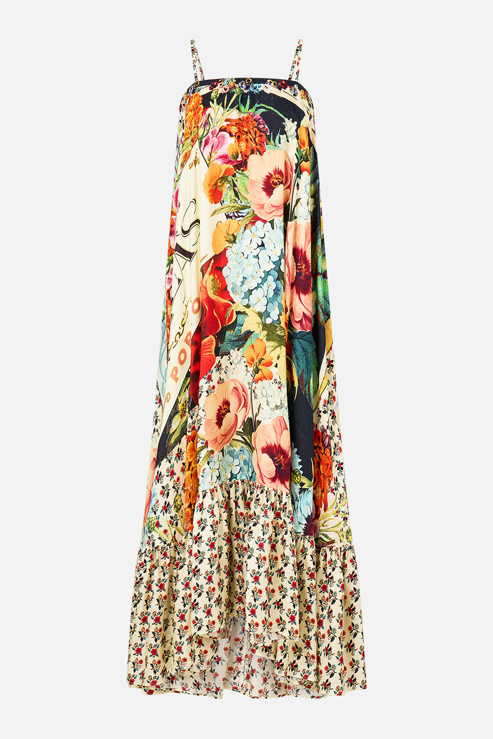 The CAMILLA Strapless Maxi With Ruffle Hem in our Aromatic Amor print.