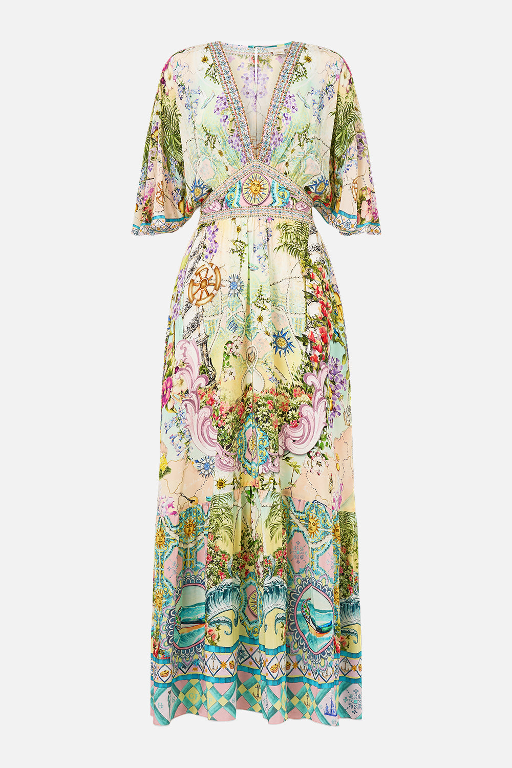 The CAMILLA Waisted Dress With Hem Ruffle in our Just Coasting print.