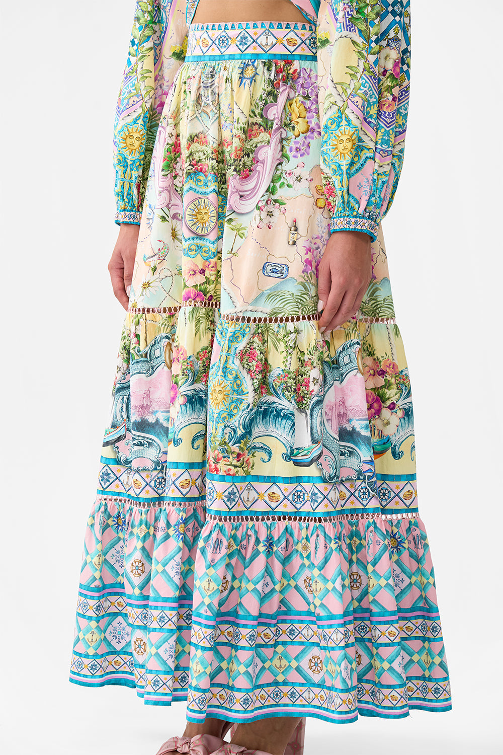 The CAMILLA High Waisted Tiered Skirt in our Just Coasting print.