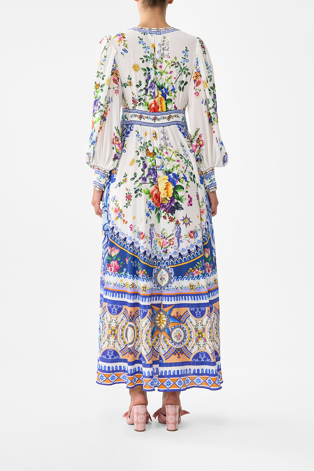 The CAMILLA Shaped Waistband Dress With Gathered Sleeves in our Tiles Darls print.