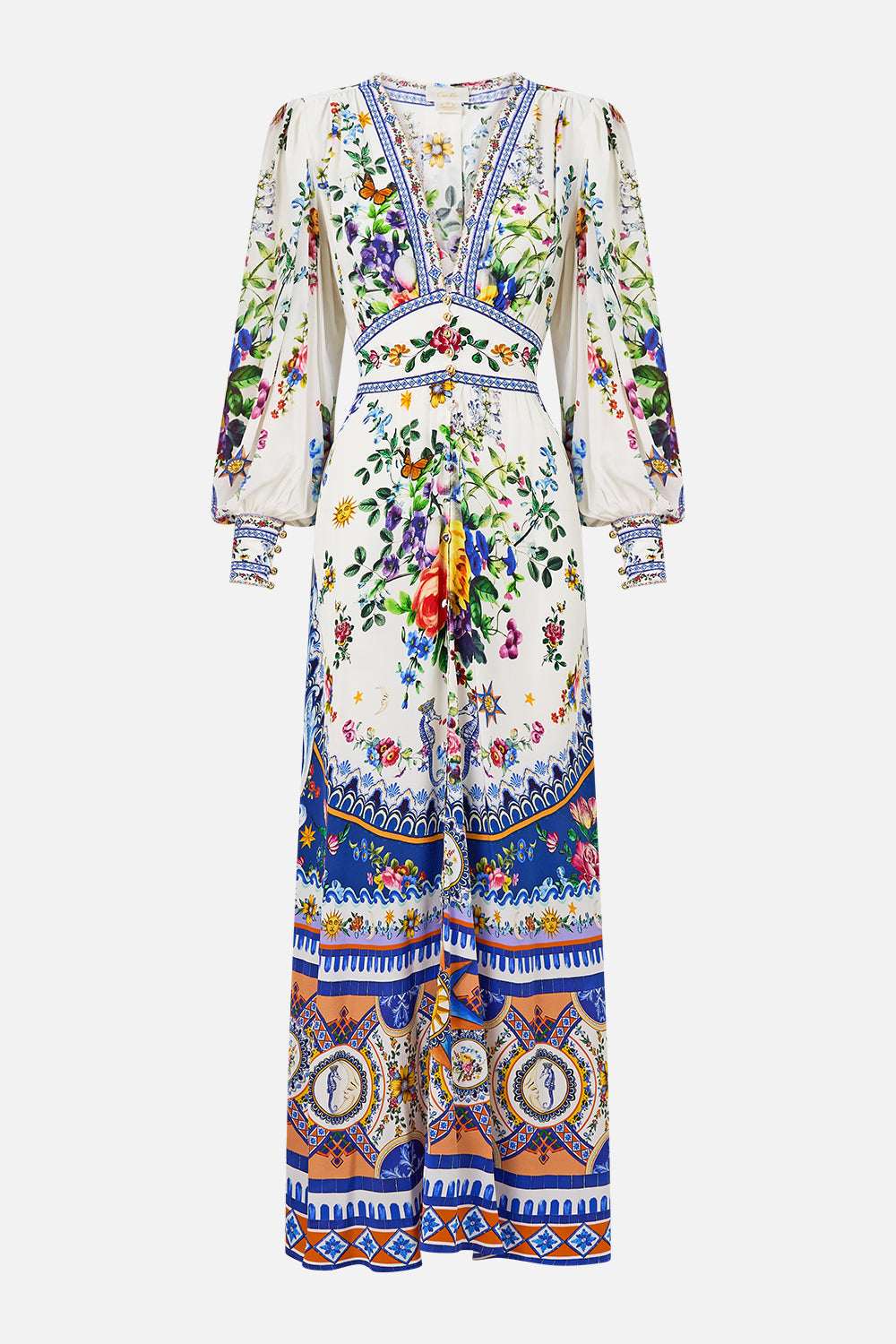 The CAMILLA Shaped Waistband Dress With Gathered Sleeves in our Tiles Darls print.