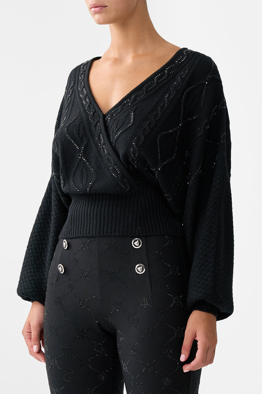 The CAMILLA SURPLICE NECK KNIT JUMPER SOLID BLACK in our  print.