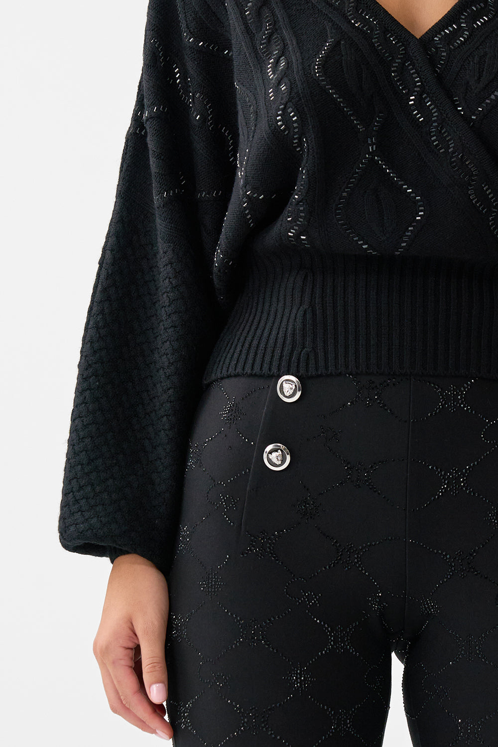 The CAMILLA SURPLICE NECK KNIT JUMPER SOLID BLACK in our  print.