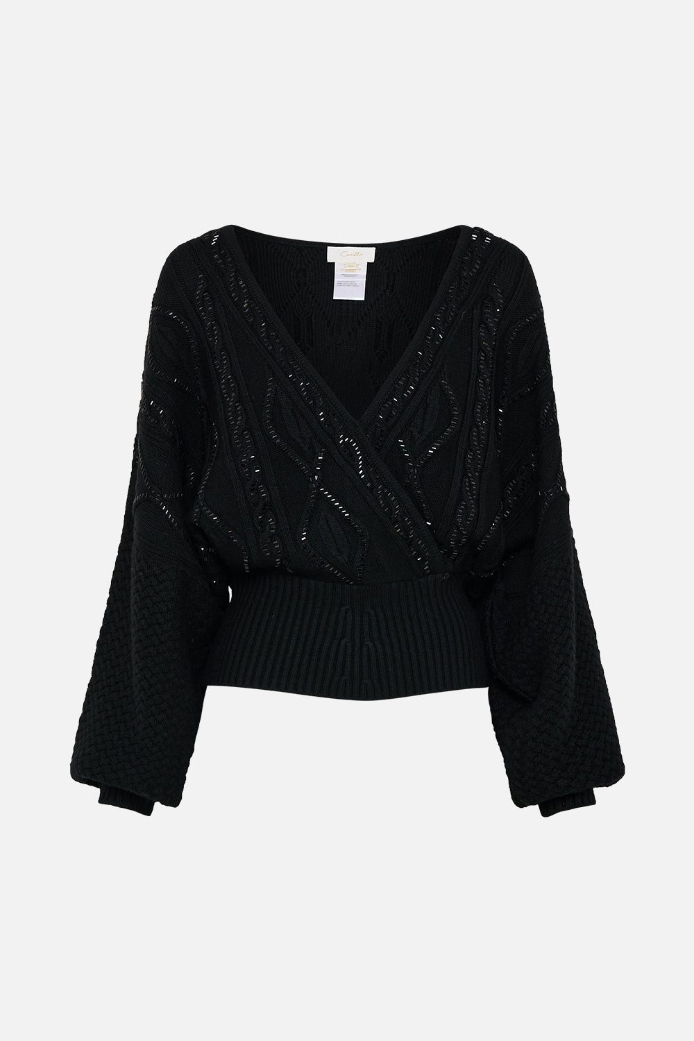 The CAMILLA SURPLICE NECK KNIT JUMPER SOLID BLACK in our  print.