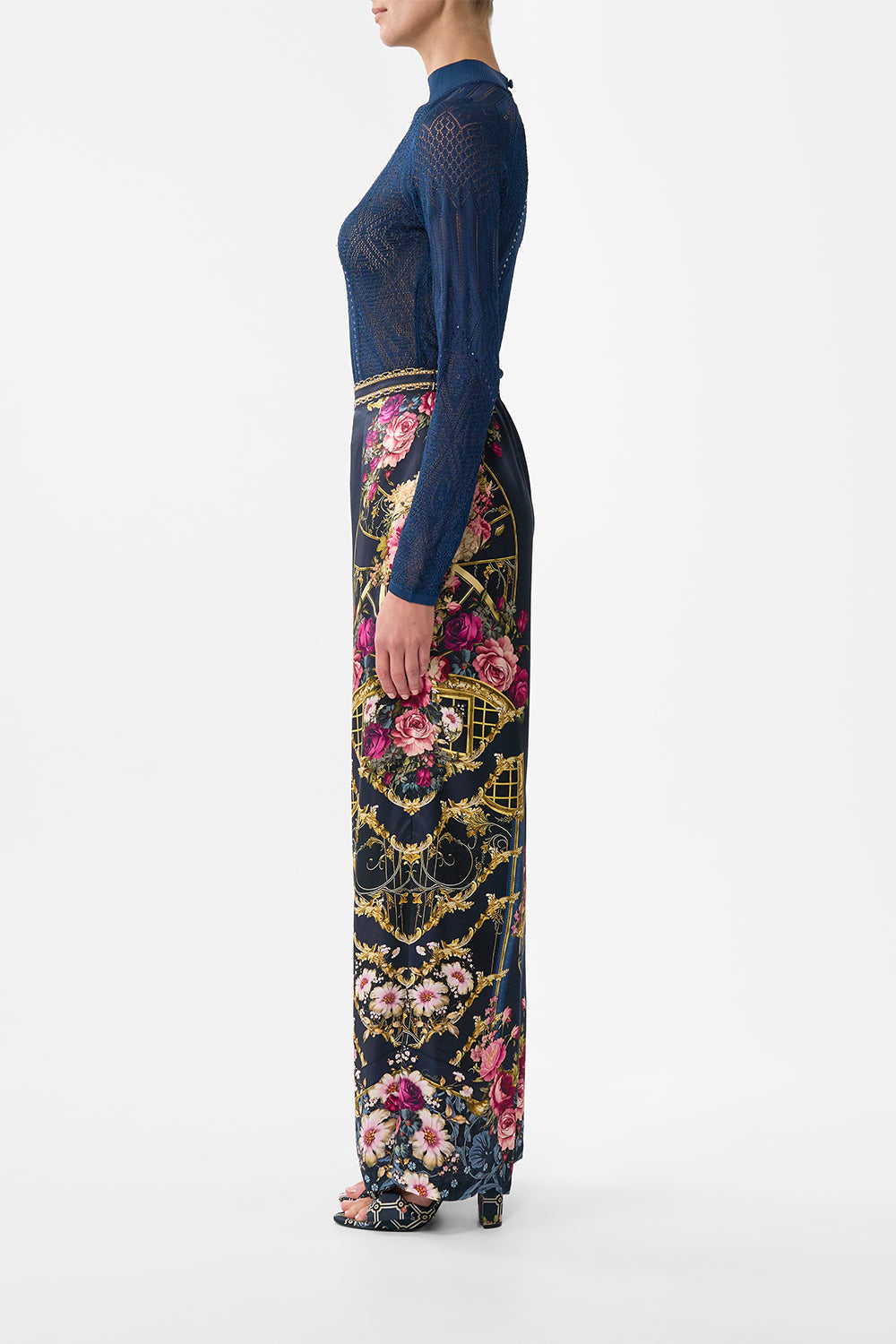 The CAMILLA Panelled Pointelle Knit Top in our Ornate On A Plate print.
