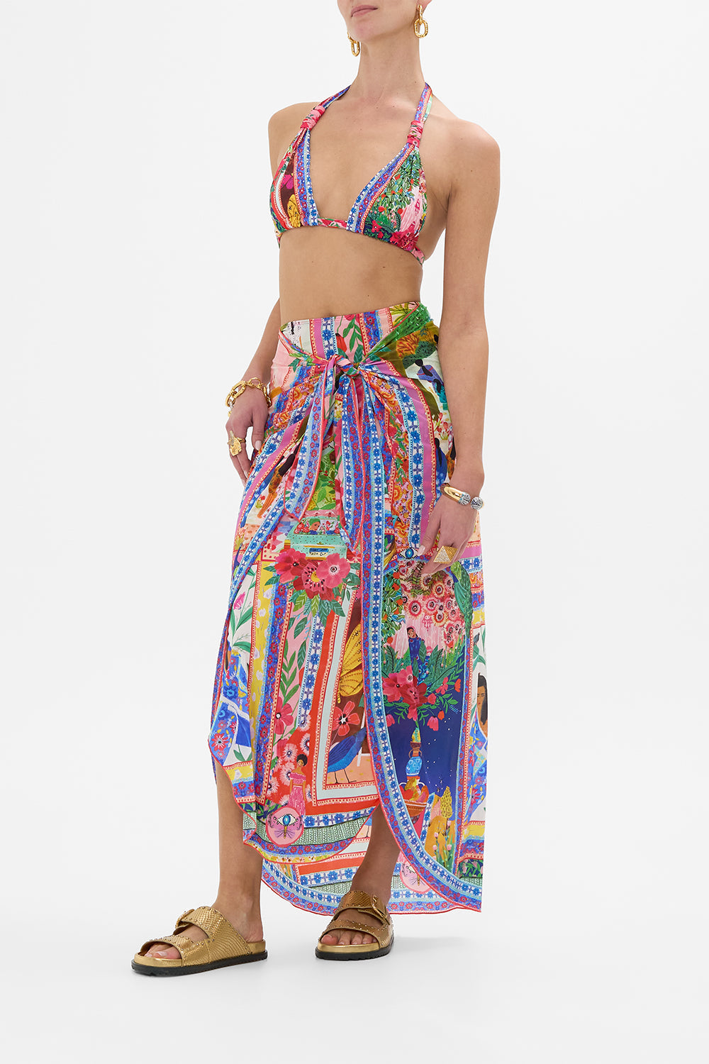 CAMILLA in Layered Long Sarong With Front Tie in Roeqiyas Realm print. 