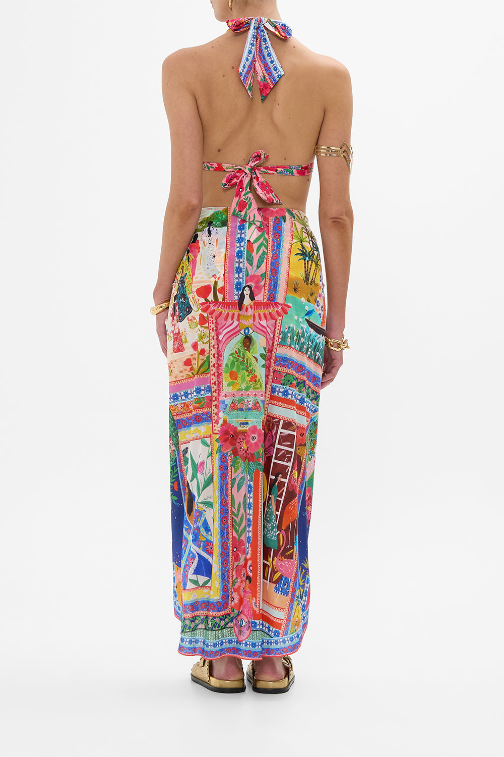 CAMILLA in Layered Long Sarong With Front Tie in Roeqiyas Realm print. 