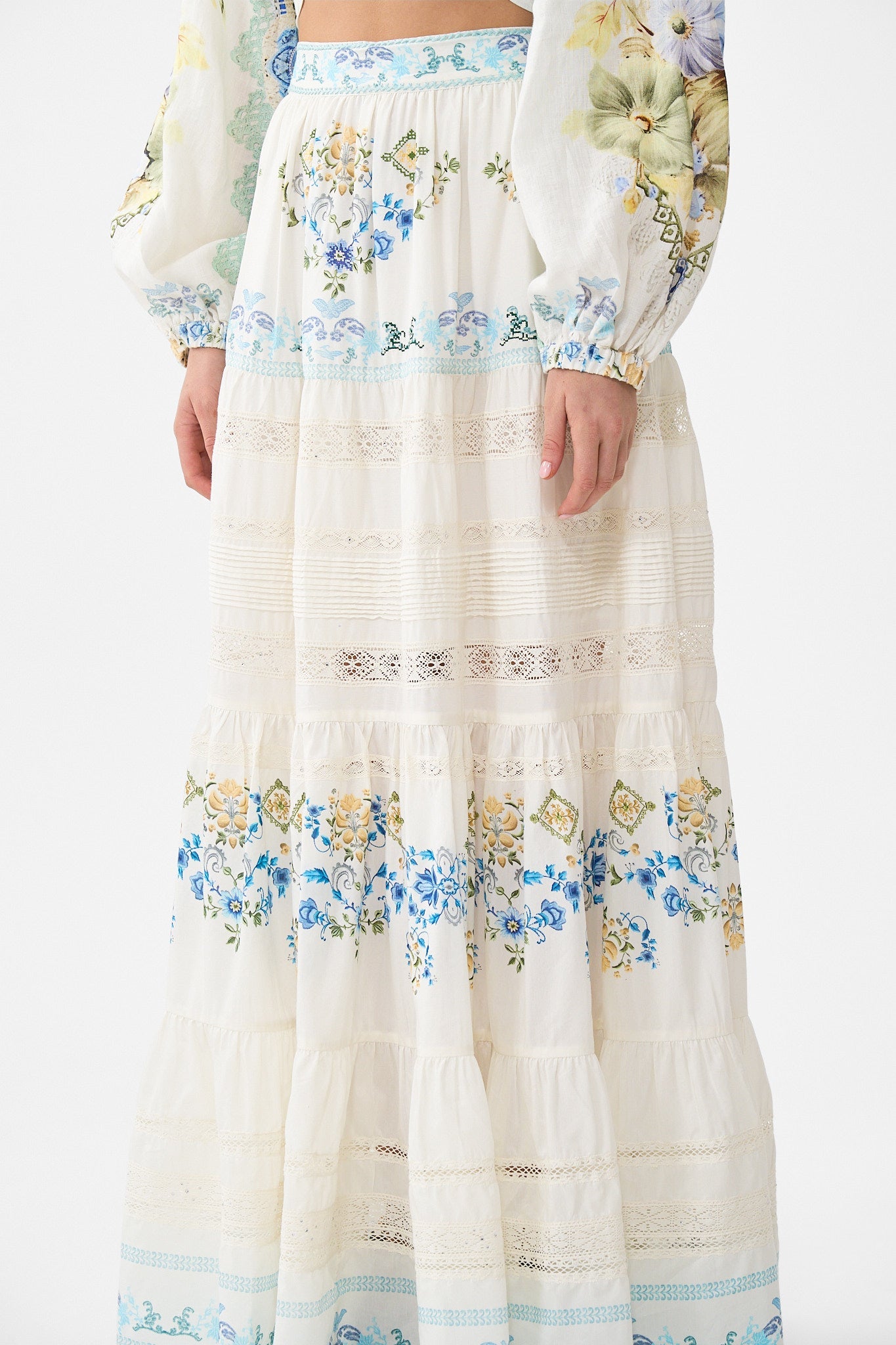 The CAMILLA TIERED MAXI SKIRT MY HOMESPUN HEART in our  print.