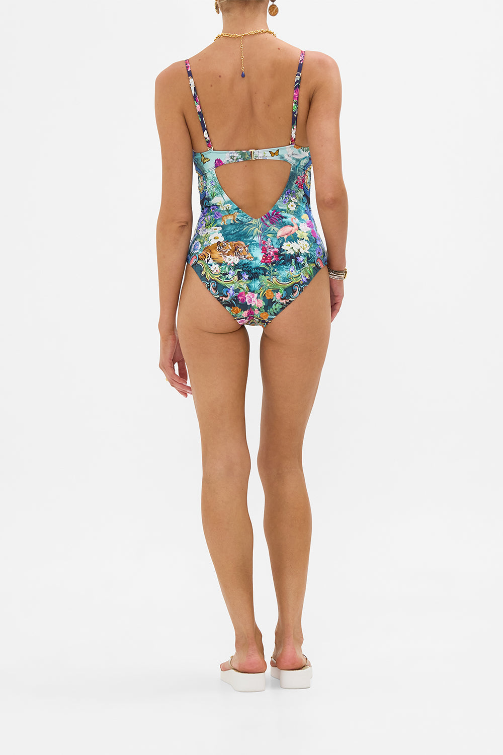 The CAMILLA V Neck Underwire One Piece With Back Clip in our Basked In Baroque print.